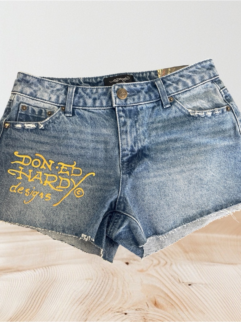 Ed Hardy Denim Cutoff Shorts with Yellow Logo